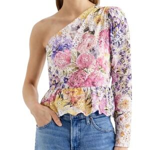 EXPRESS NWT One Shoulder Floral Eyelet Peplum Top Blouse Lined Shirt Size 10